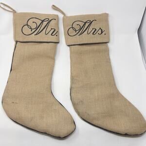 Storehouse Burlap Mr & Mrs Holiday Christmas Stockings Set of 2 Beige Black Trim